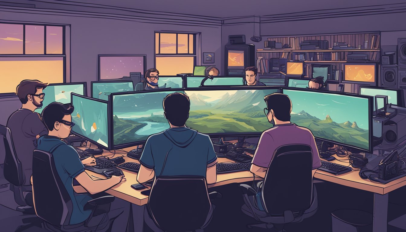 A group of game developers in New Hampshire work on their best game, surrounded by computer monitors and game development equipment