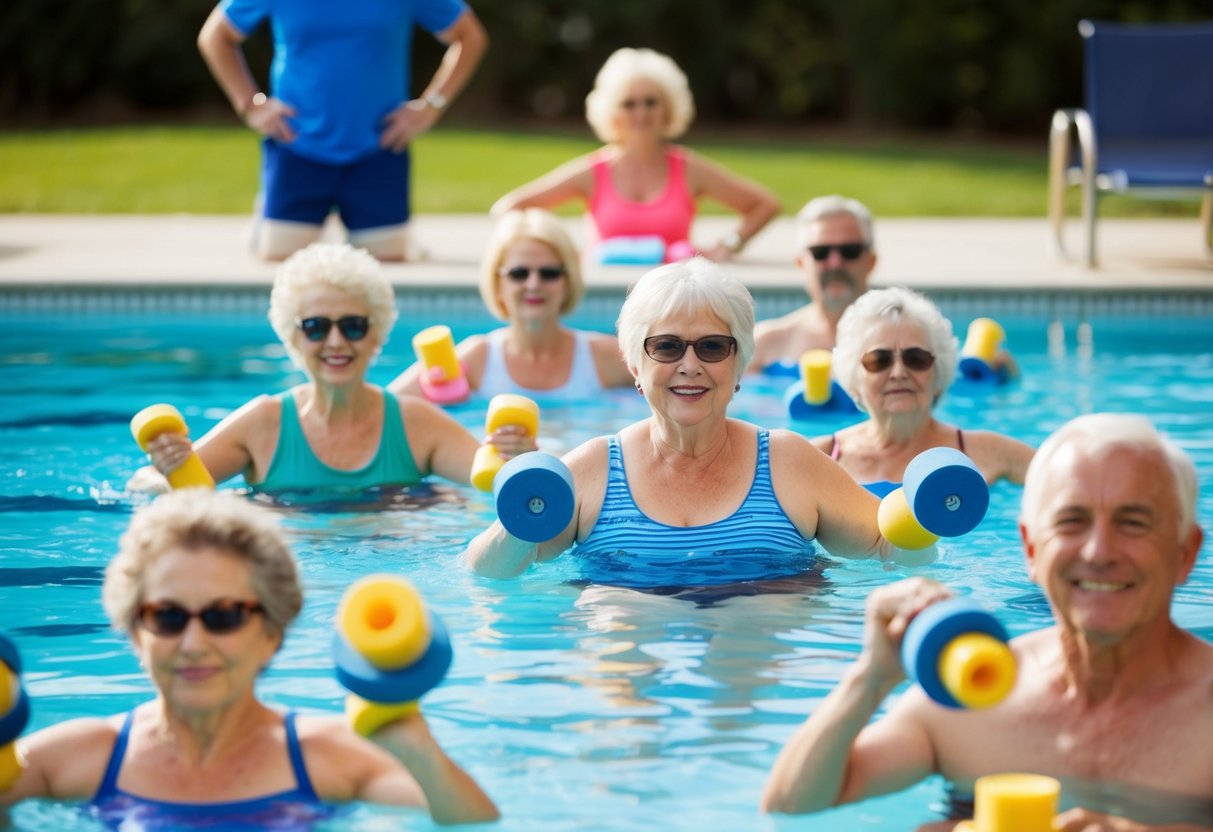 A group of older adults in a pool, performing gentle exercises with foam dumbbells and noodles, led by an instructor