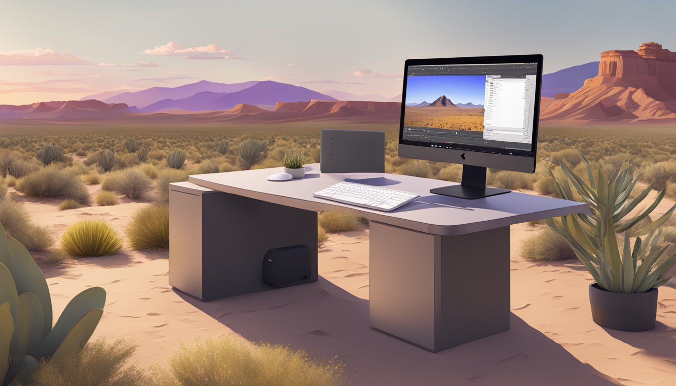 A computer running Adobe Premiere Pro in a New Mexico desert landscape