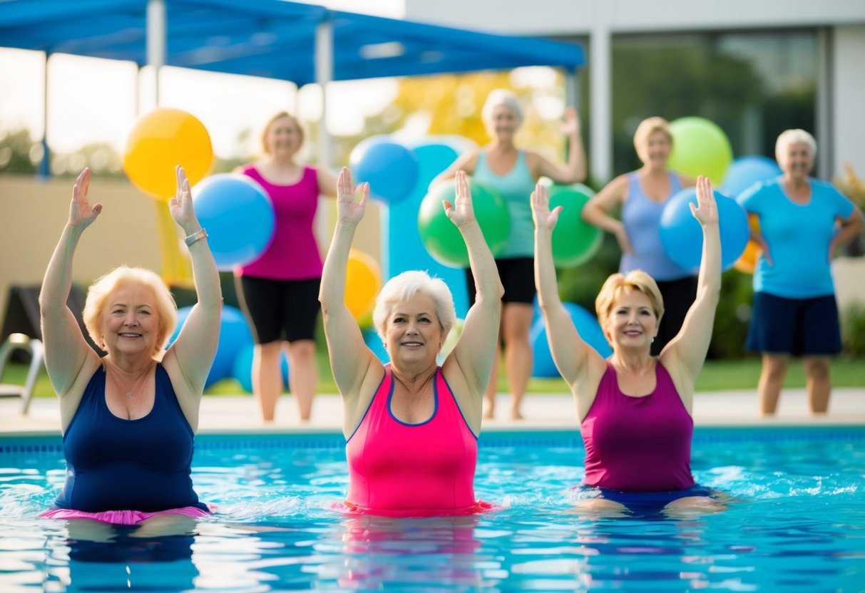 A group of people with osteoarthritis exercising in a pool with colorful water aerobics equipment