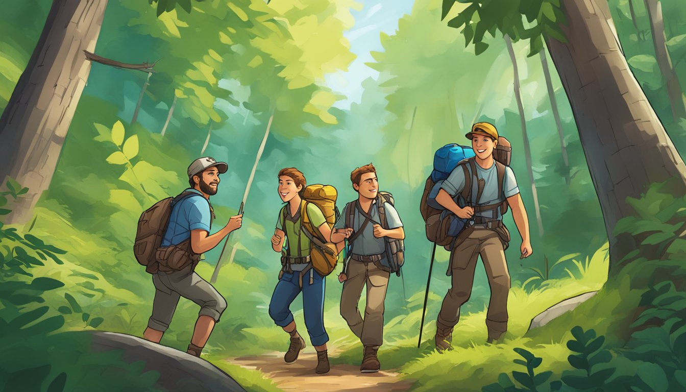 A group of adventurers navigate through the lush forests of New Hampshire, strategizing and problem-solving as they play Team Adventure Games' latest release