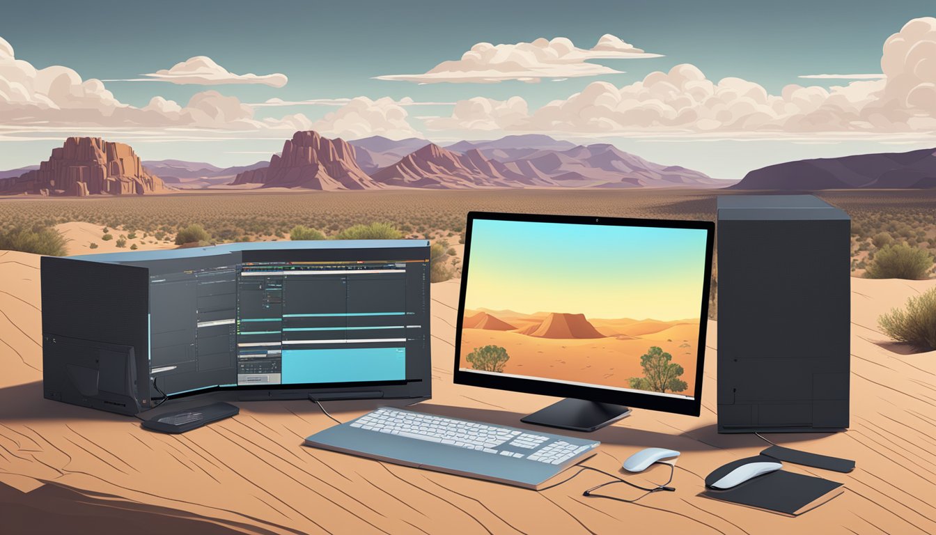 A computer with DaVinci Resolve software processing game graphics in a New Mexico desert landscape