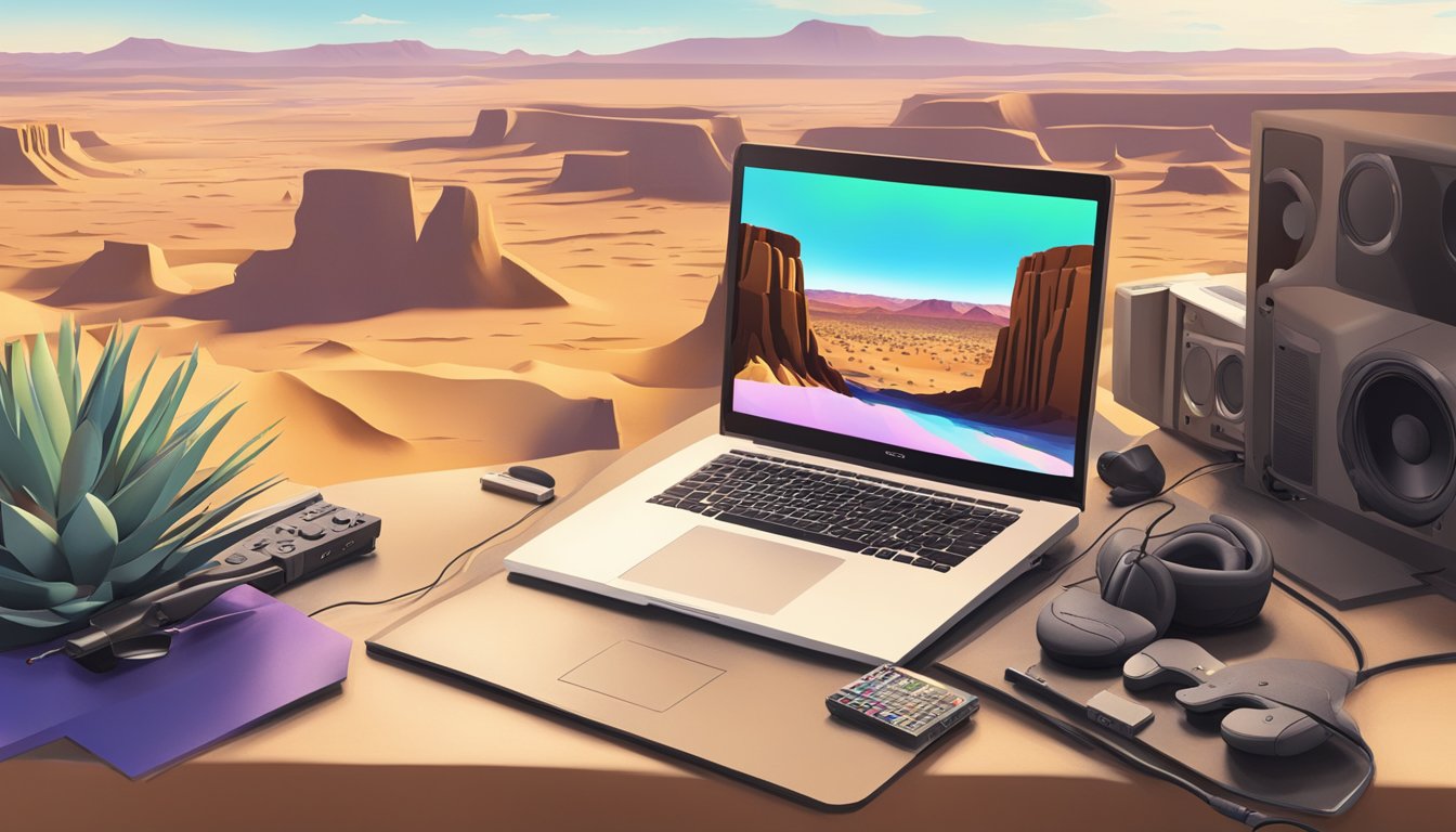 A desert landscape in New Mexico with a computer running Final Cut Pro, surrounded by gaming equipment