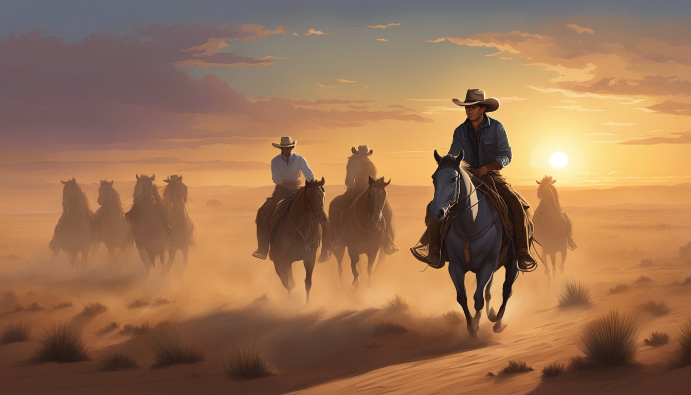 A lone cowboy riding through the dusty plains of Oklahoma at sunset