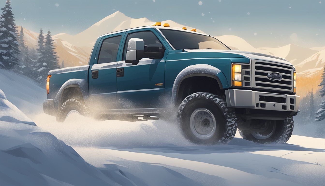 A rugged truck navigates snowy terrain in New Hampshire for Snowrunner Media's game