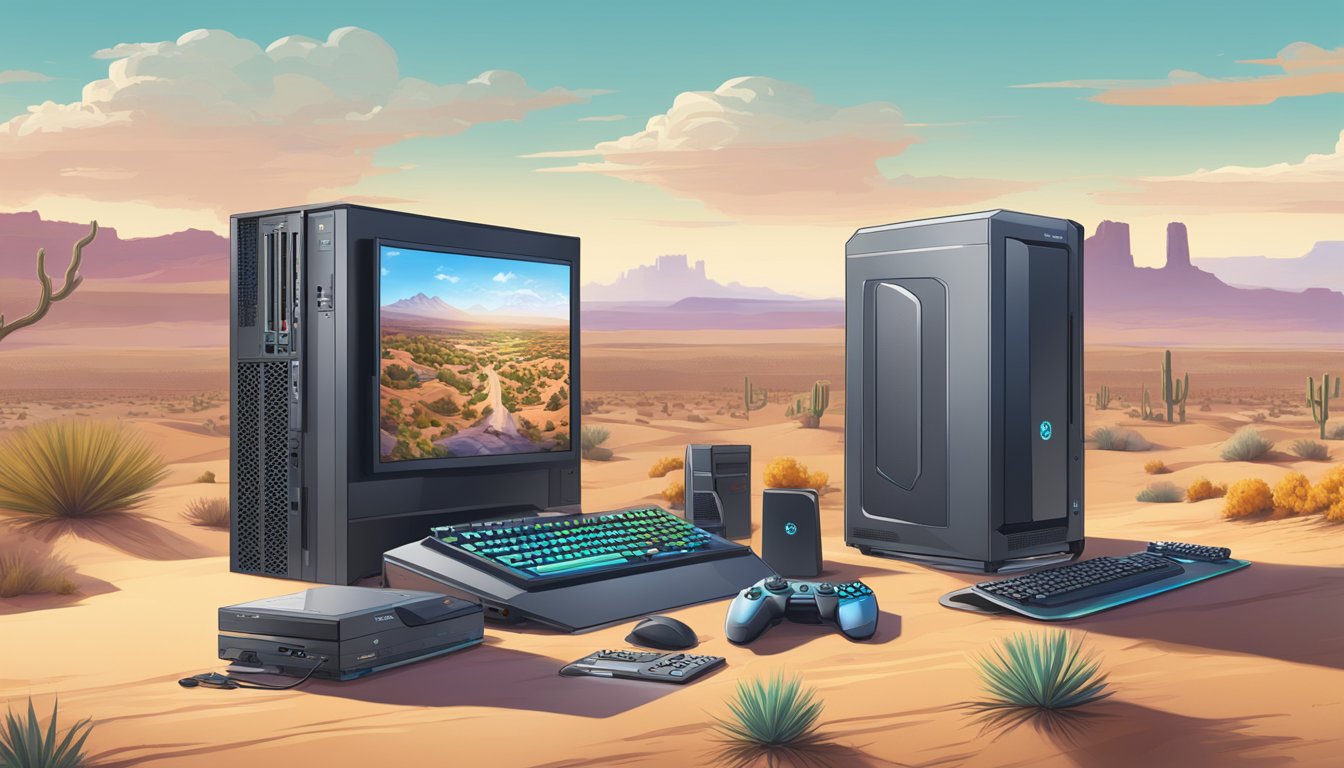 A high-tech gaming computer surrounded by desert landscapes of New Mexico