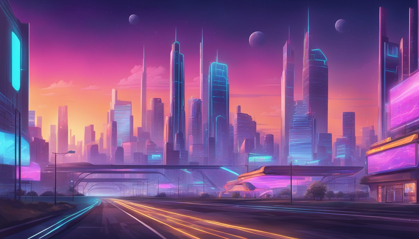 A futuristic cityscape with neon lights and holographic billboards, set against a backdrop of a digital Oklahoma landscape