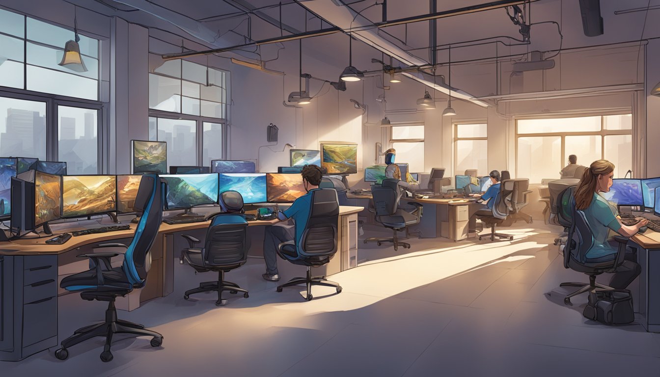 A bustling game development studio in New Hampshire, with teams collaborating on cutting-edge gaming technology and design