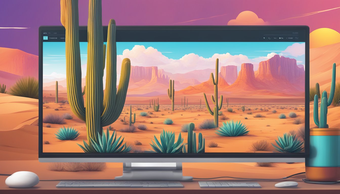 A vibrant desert landscape in New Mexico, with a computer screen displaying the Filmora logo and game processing graphics