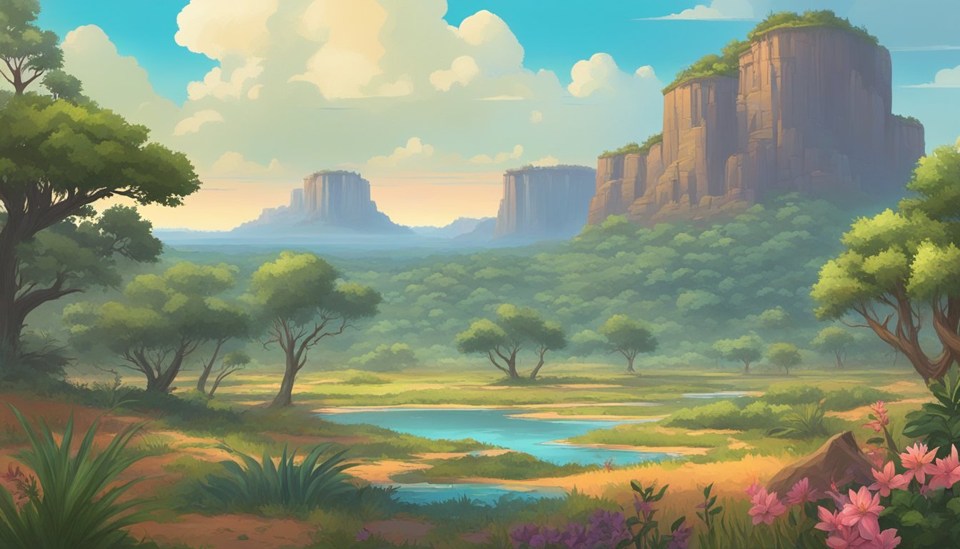 A lush Oklahoma landscape with vibrant flora and fauna, set against a backdrop of the Horizon Forbidden West game processing