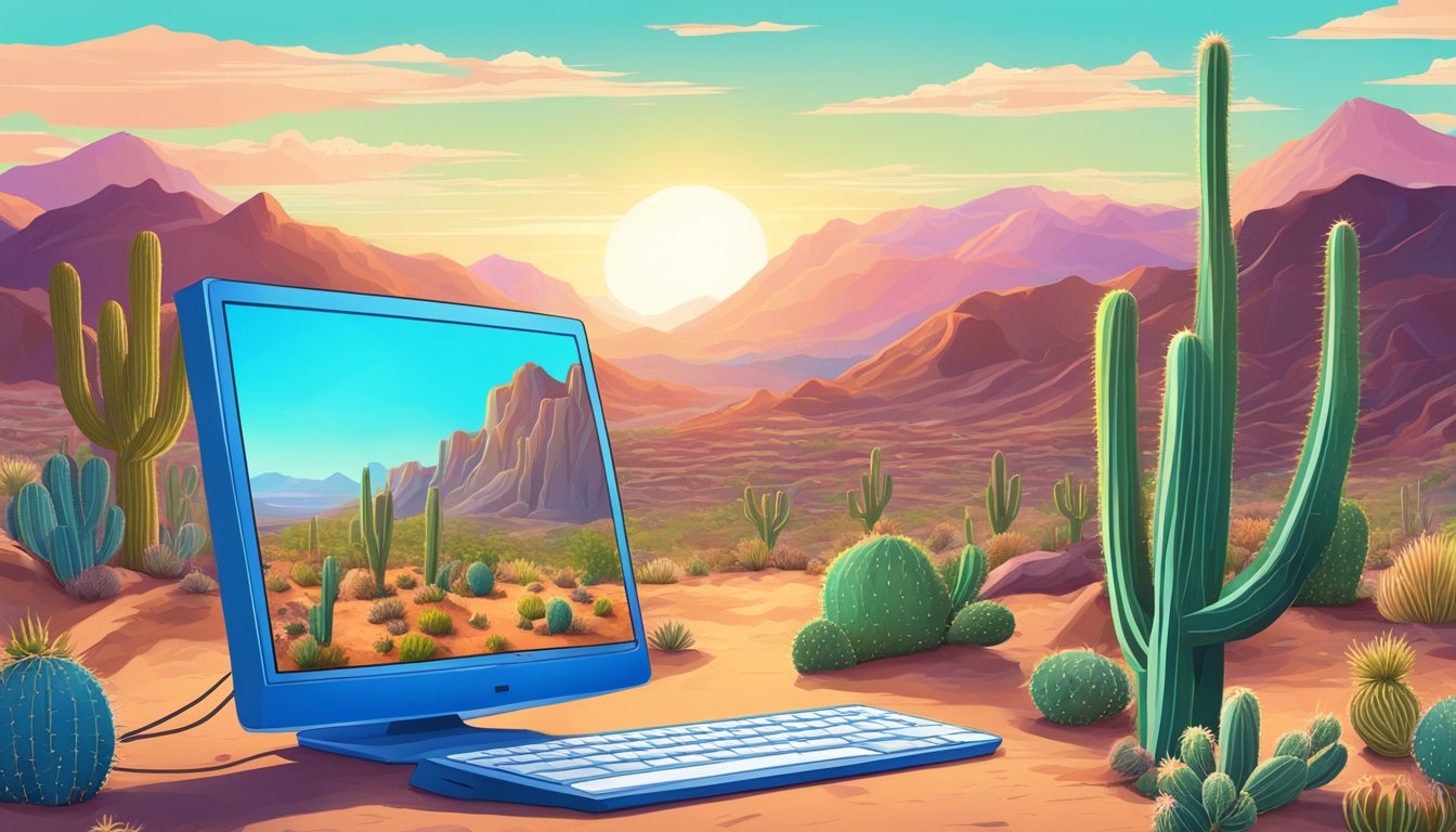 A vibrant desert landscape with cacti and a glowing computer screen, surrounded by mountains and a bright blue sky in New Mexico