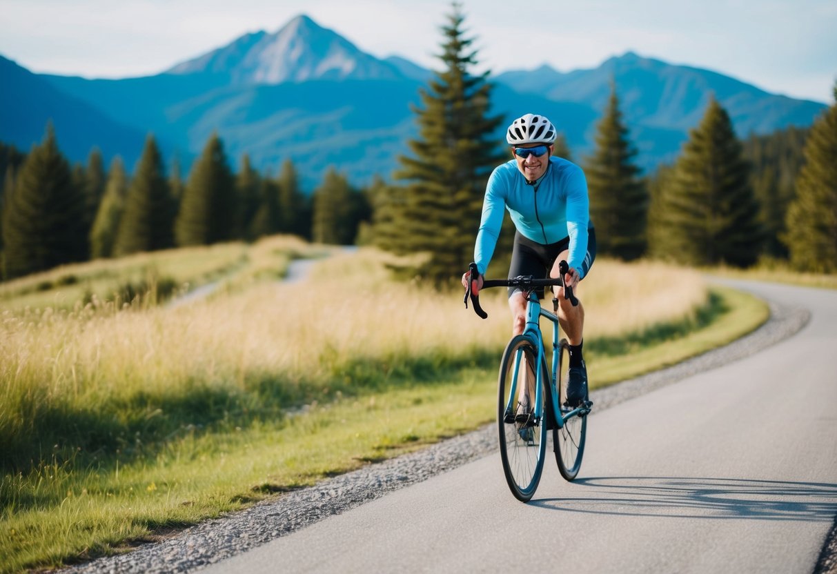 A cyclist riding smoothly along a scenic, paved trail, with a backdrop of mountains and trees, demonstrating ease and comfort