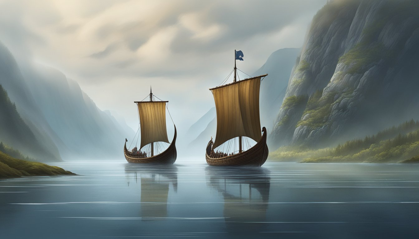 A Viking longship sailing through a misty fjord in Oklahoma