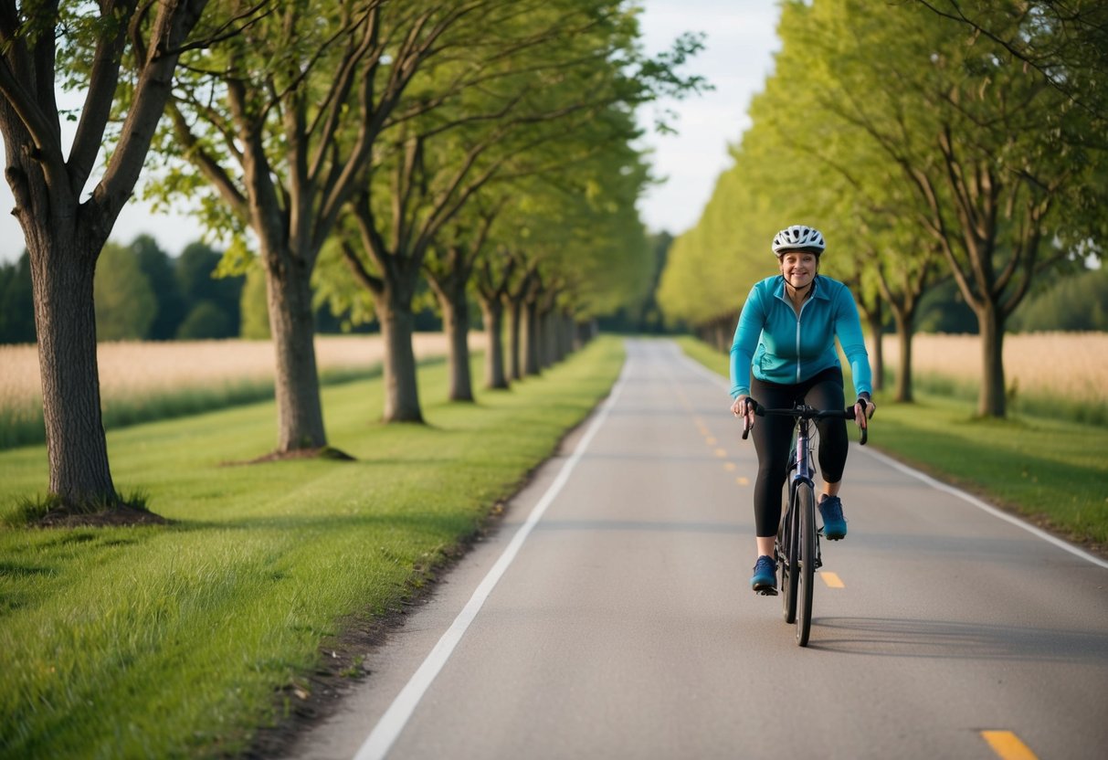 A person riding a bicycle on a smooth, tree-lined path, with a relaxed and comfortable posture, surrounded by a peaceful and scenic natural setting