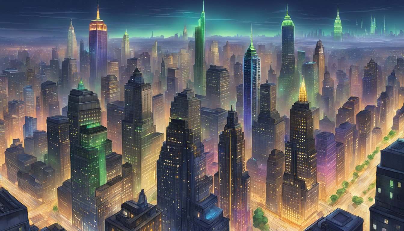 The towering skyscrapers of New York City loom in the distance as the bustling streets of Gotham's Quest come to life with vibrant lights and futuristic architecture