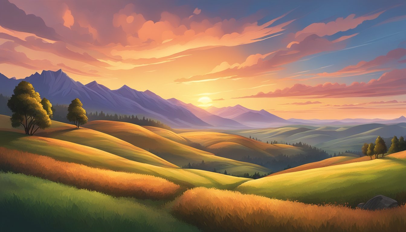 A sprawling landscape of rolling hills and rugged mountains, with a vibrant sunset casting a warm glow over the land