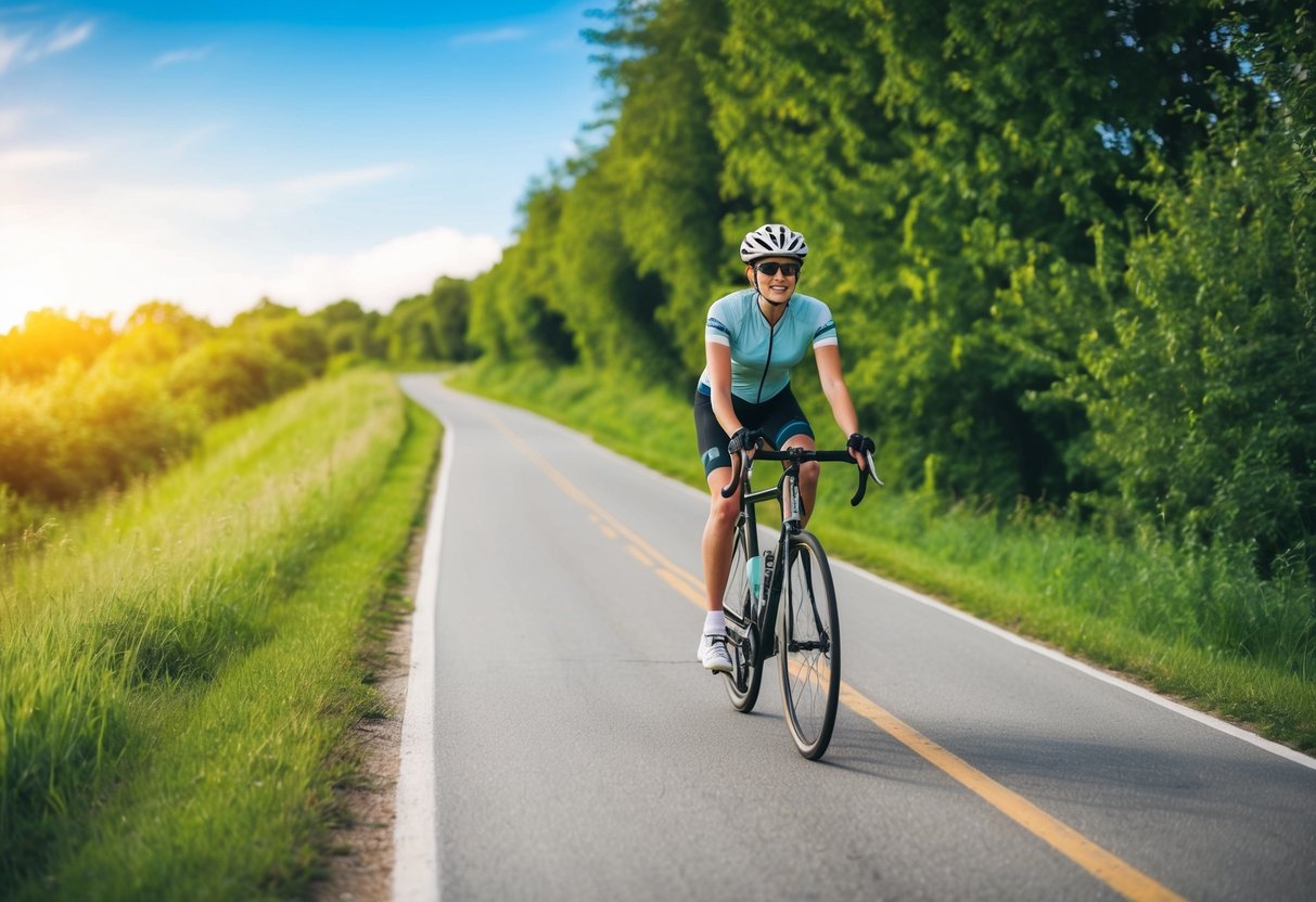 A cyclist riding smoothly along a scenic path, with a relaxed posture and a serene expression, surrounded by lush greenery and a clear blue sky