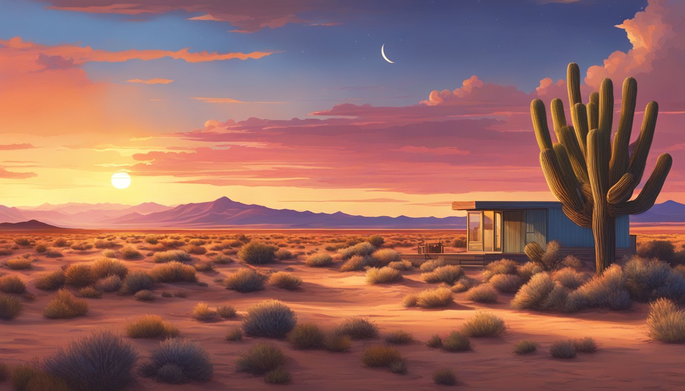 Vibrant sunset over New Mexico desert, with Lightworks game processing center in the distance