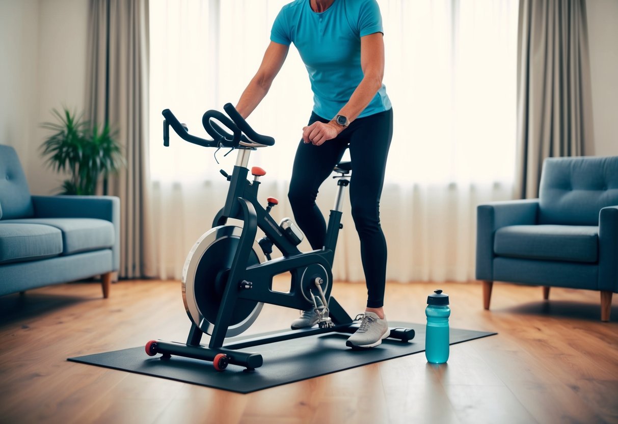 A person with osteoarthritis sets up a stationary bike in a well-lit, spacious room with comfortable seating and a water bottle nearby