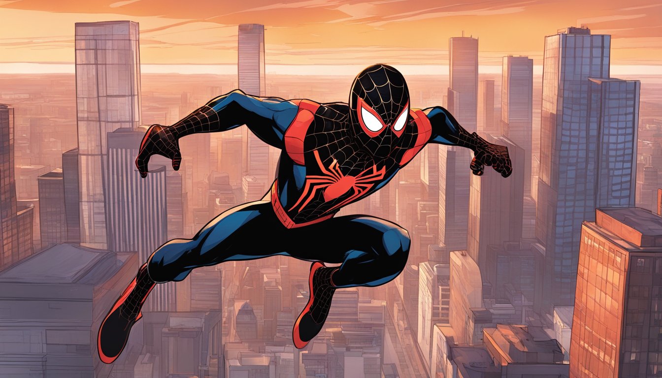 Spider-Man: Miles Morales swings through a cityscape in Oklahoma, with tall buildings and a dramatic sky