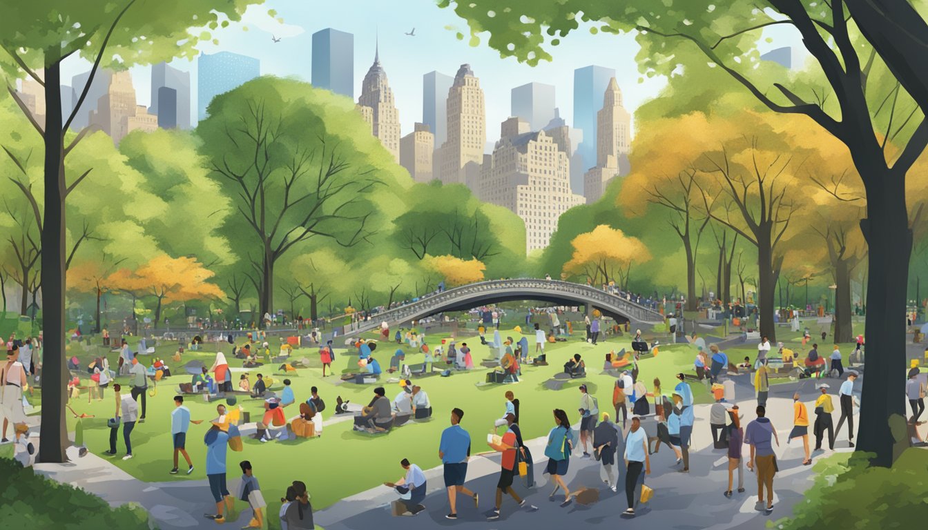 A bustling Central Park with game processing in New York City