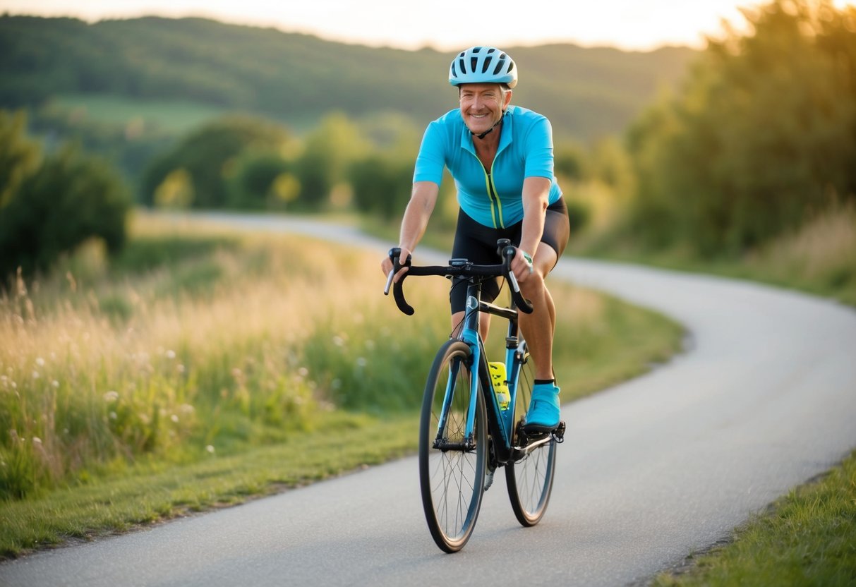 A cyclist with osteoarthritis rides smoothly along a scenic, paved trail, with a relaxed posture and a comfortable, pain-free expression