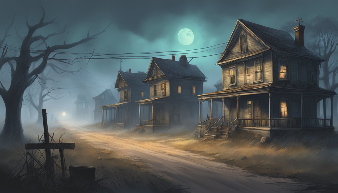 A spooky village set in the Oklahoma countryside, with eerie fog and dilapidated buildings, evoking the atmosphere of Resident Evil