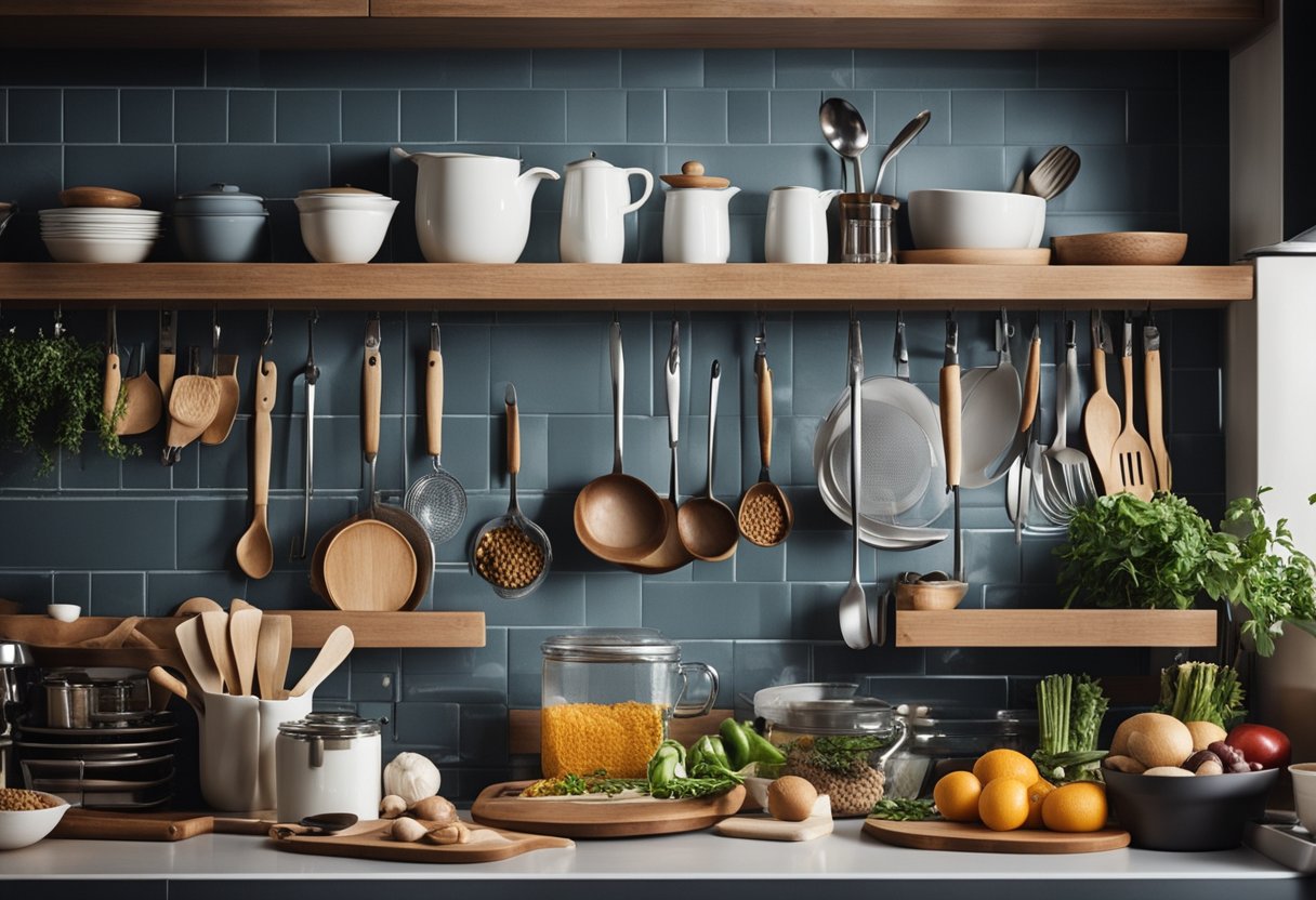 Uma cozinha bem organizada com ingredientes e utensílios arrumados de forma ordenada, criando um espaço de cozimento eficiente.