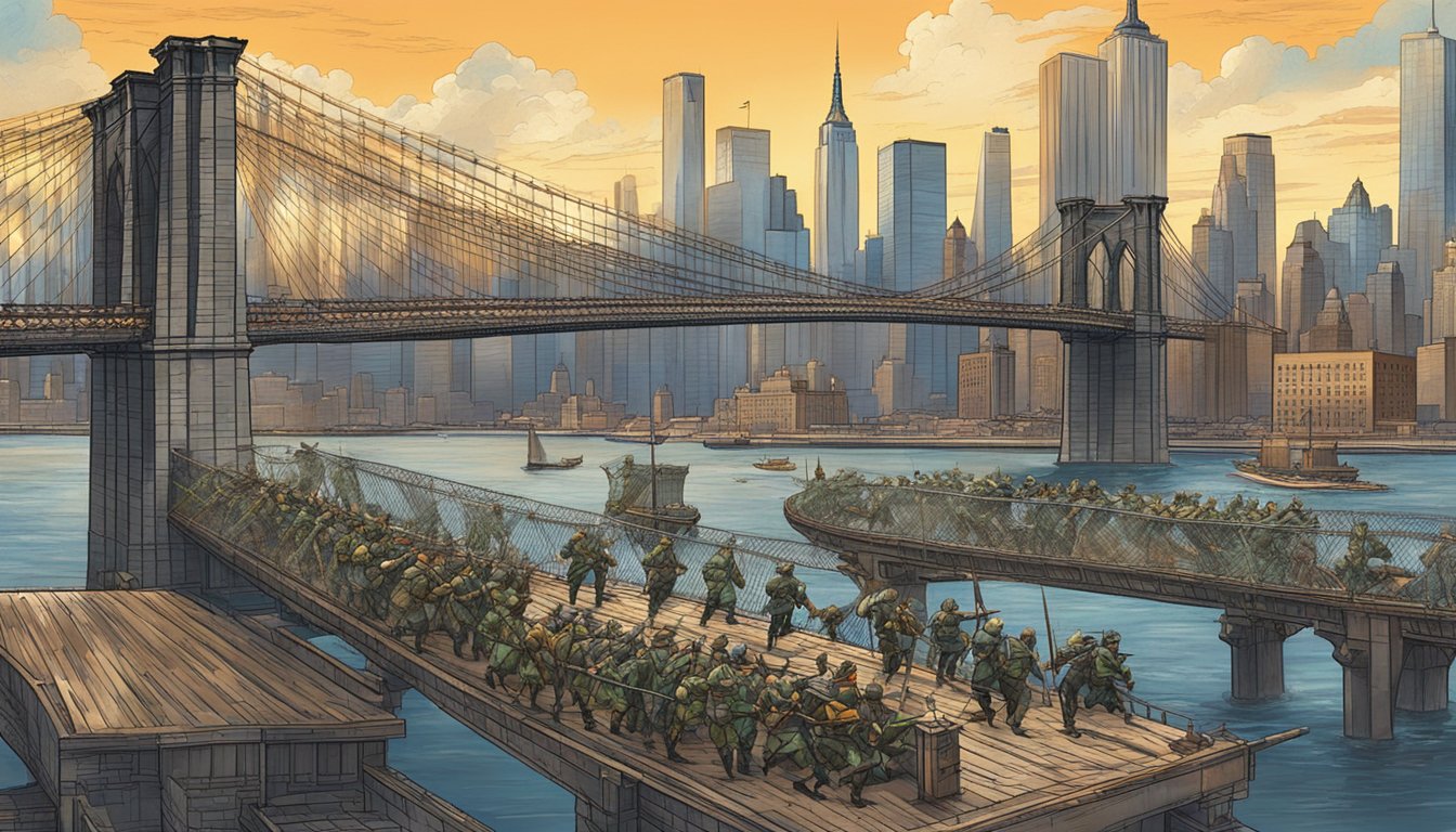 A fierce battle takes place on the Brooklyn Bridge, set against the backdrop of New York City's iconic skyline