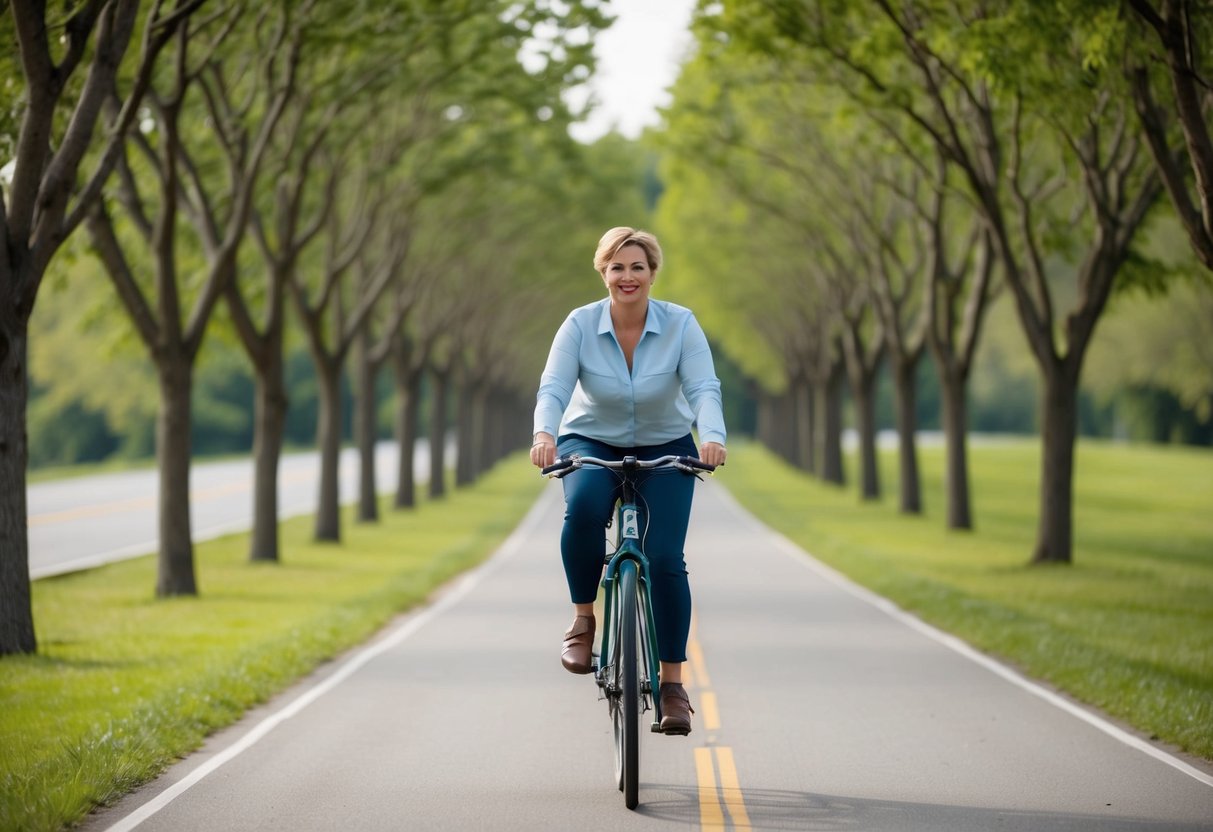 A person riding a bicycle on a smooth, tree-lined path, with a relaxed posture and a comfortable expression, surrounded by a peaceful, natural setting