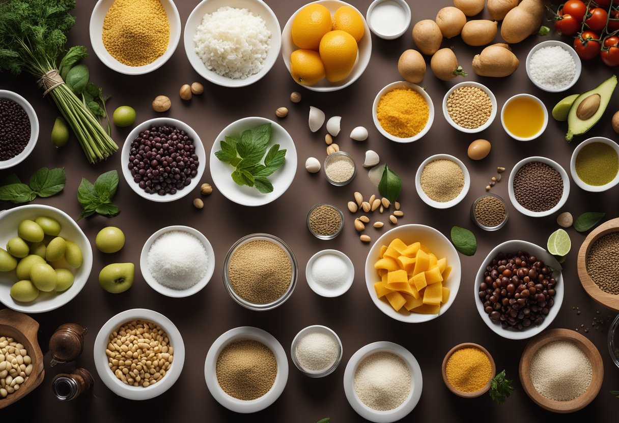 Uma bancada de cozinha bem organizada com vários ingredientes dispostos de maneira sistemática, prontos para cozinhar.