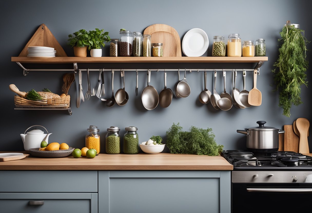 Uma cozinha bem organizada, com utensílios pendurados na parede e ingredientes arrumados de forma organizada na bancada, exibindo uma eficiente organização na cozinha.