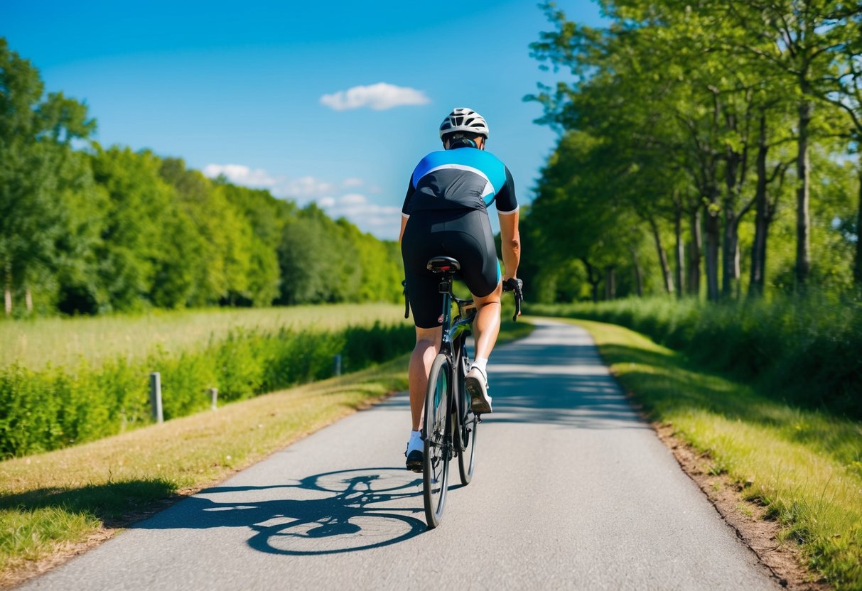 A cyclist with osteoarthritis rides smoothly on a scenic, paved trail surrounded by lush green trees and a clear blue sky