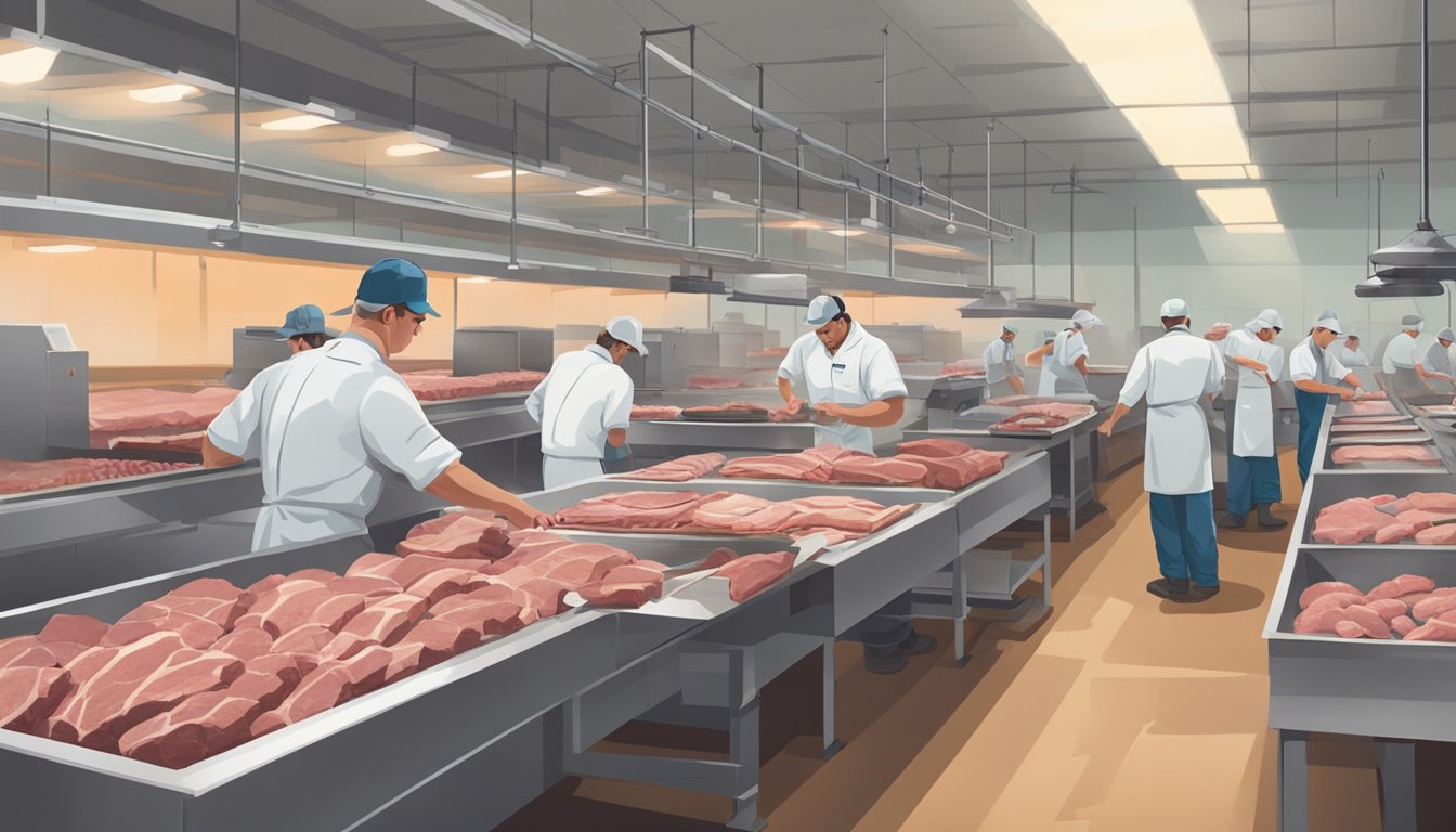 A bustling game processing facility in Oklahoma, with workers efficiently butchering and packaging various types of meat from the day's hunt