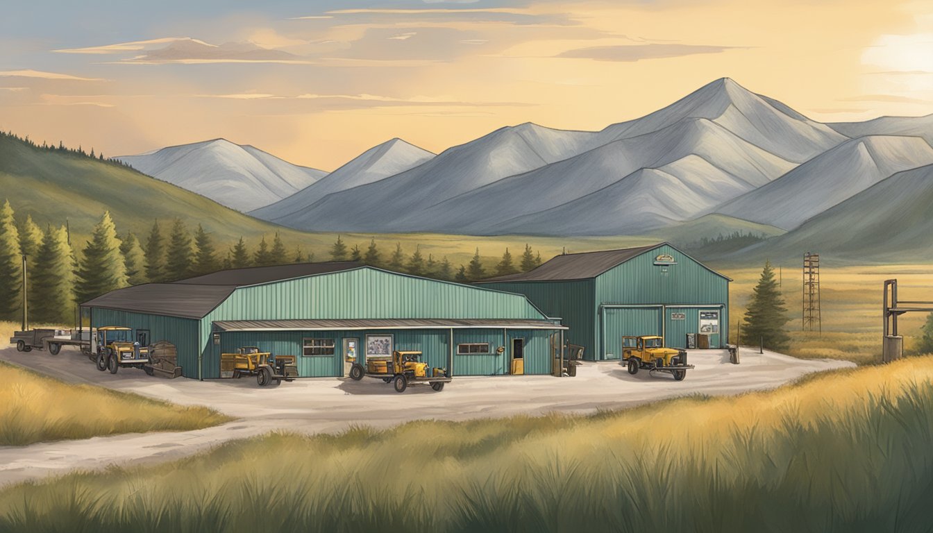 A rustic North Dakota game processing facility with outdoor signage and a mountainous backdrop