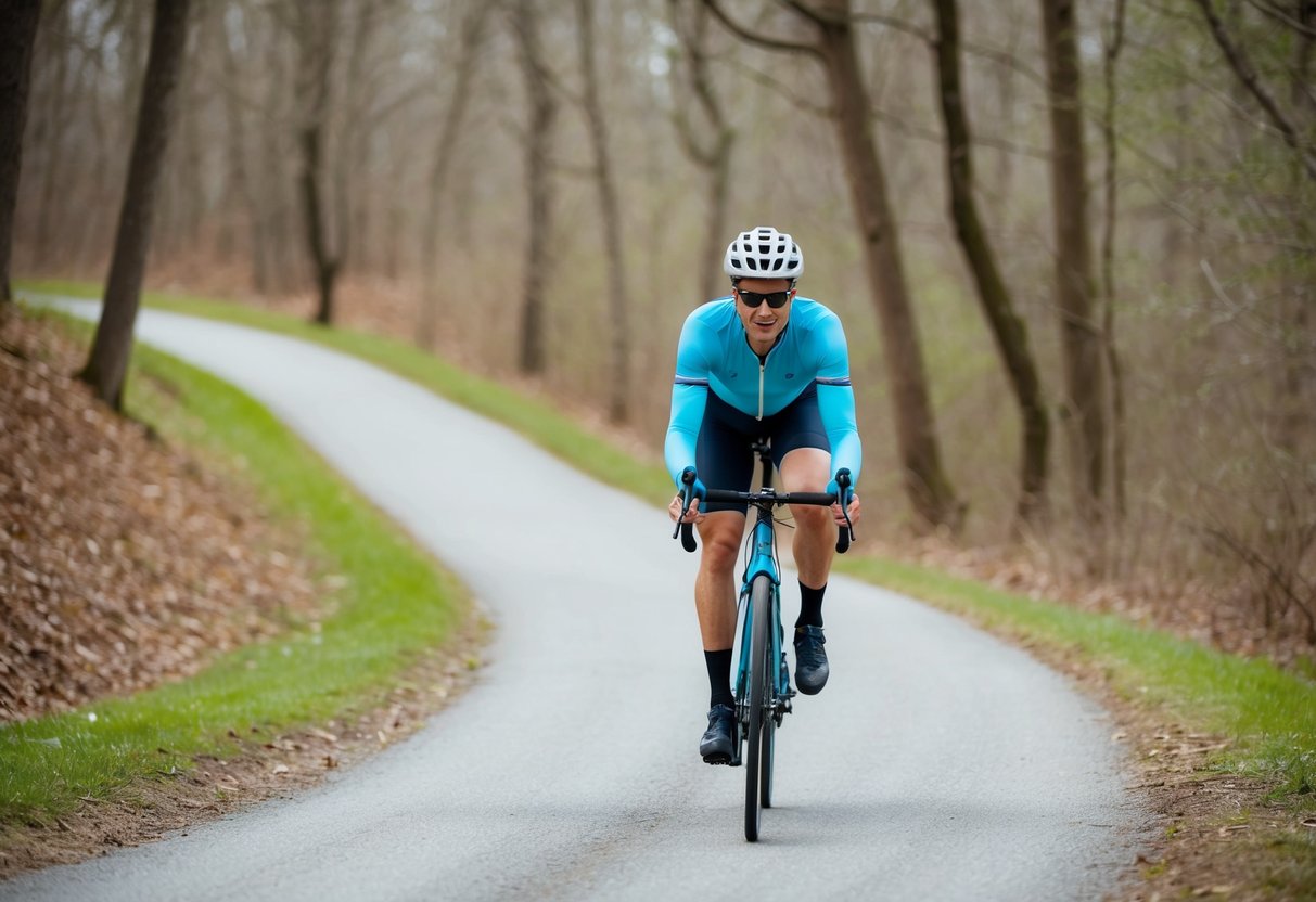 A serene, wooded trail with a winding path and gentle hills, showcasing a cyclist with proper posture and a relaxed, pain-free expression