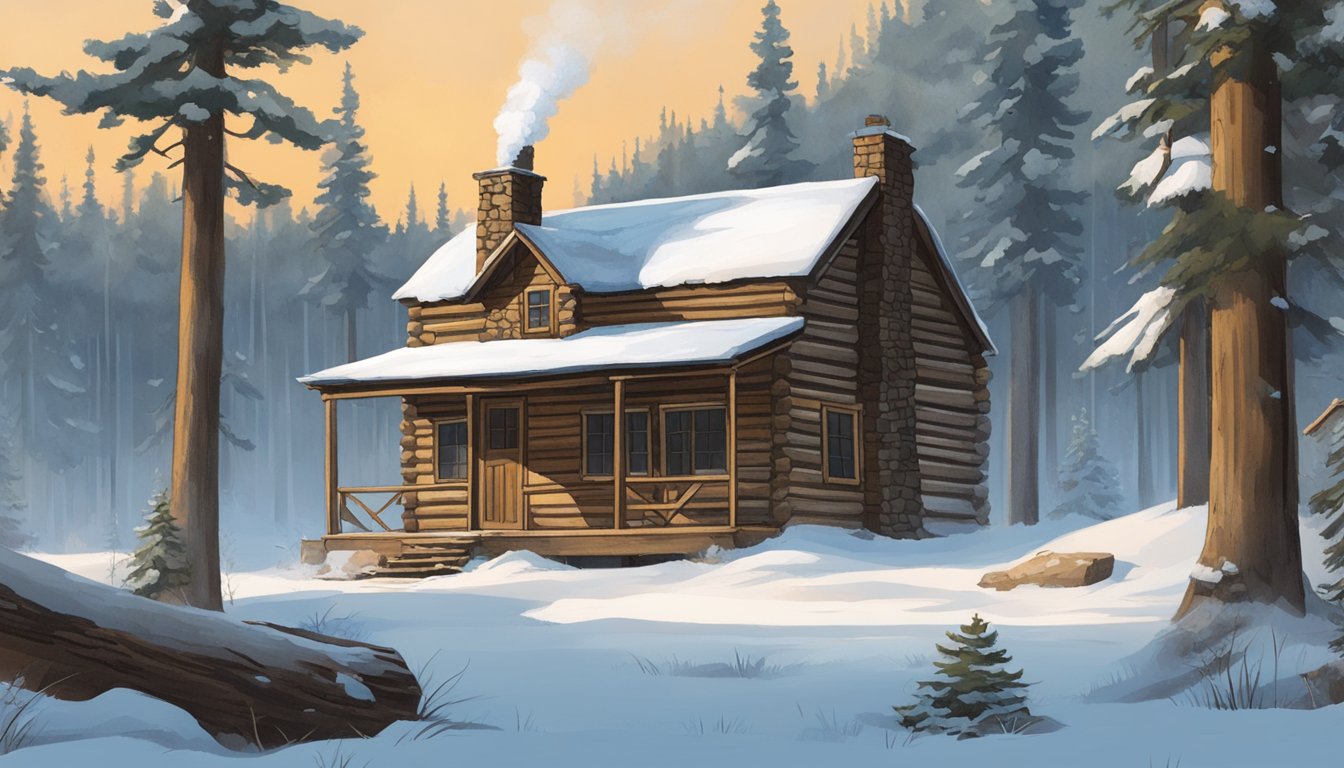 A rustic cabin nestled in a snowy North Dakota forest, with smoke rising from the chimney and a sign reading "Wild Game Processors Fargo"