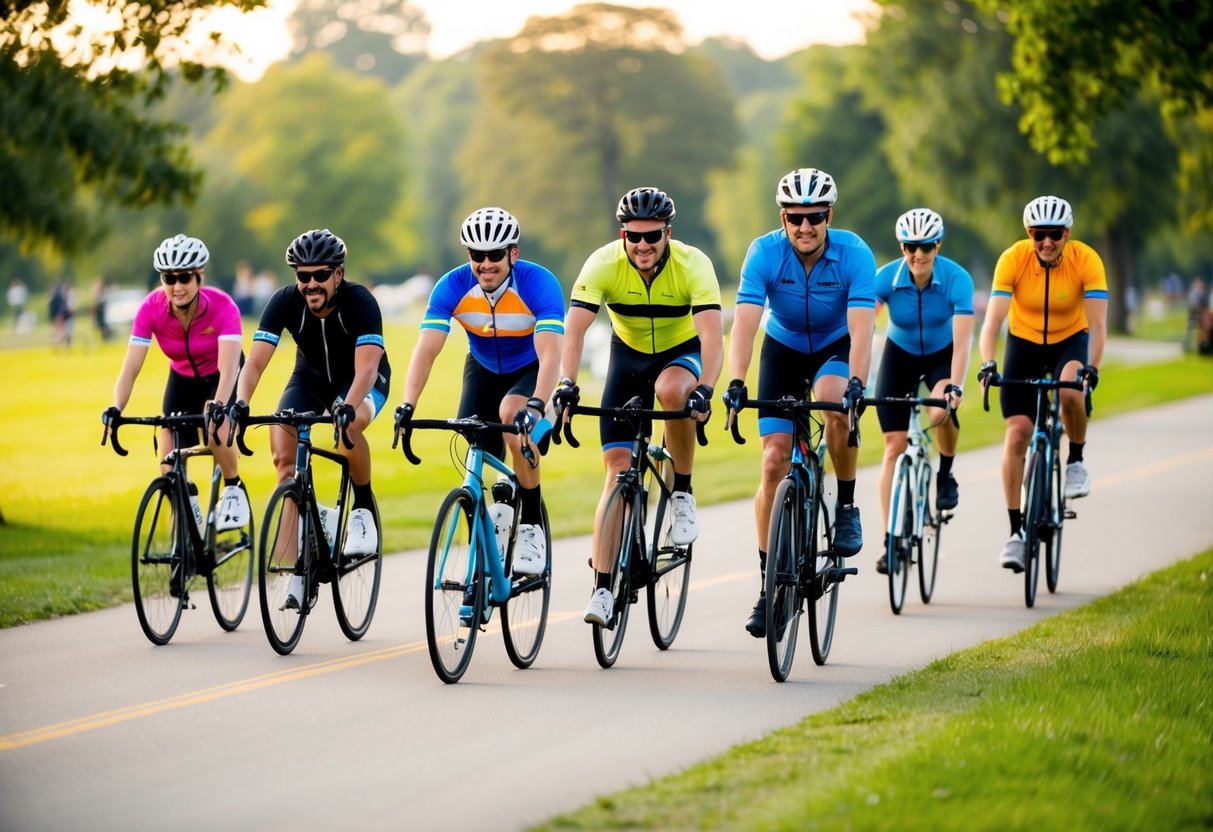 A group of cyclists with varying abilities ride through a scenic park, offering support and camaraderie to one another