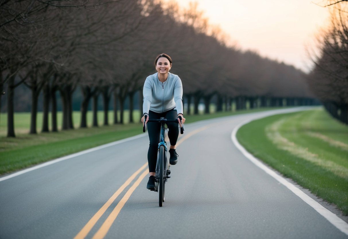 A person riding a bicycle on a smooth, tree-lined path, with a relaxed posture and a serene expression on their face