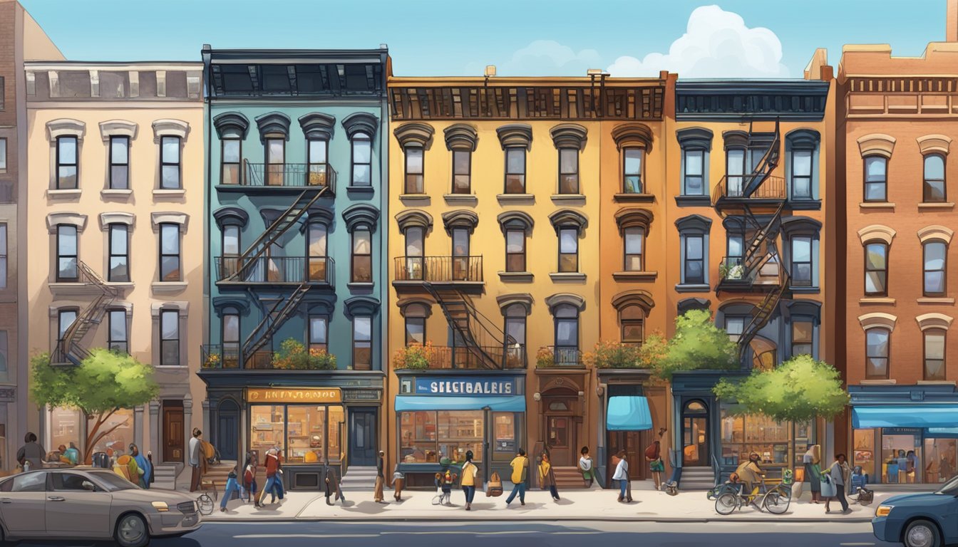 A bustling Harlem street with iconic brownstone buildings, vibrant murals, and lively storefronts captures the essence of the New York adventure game