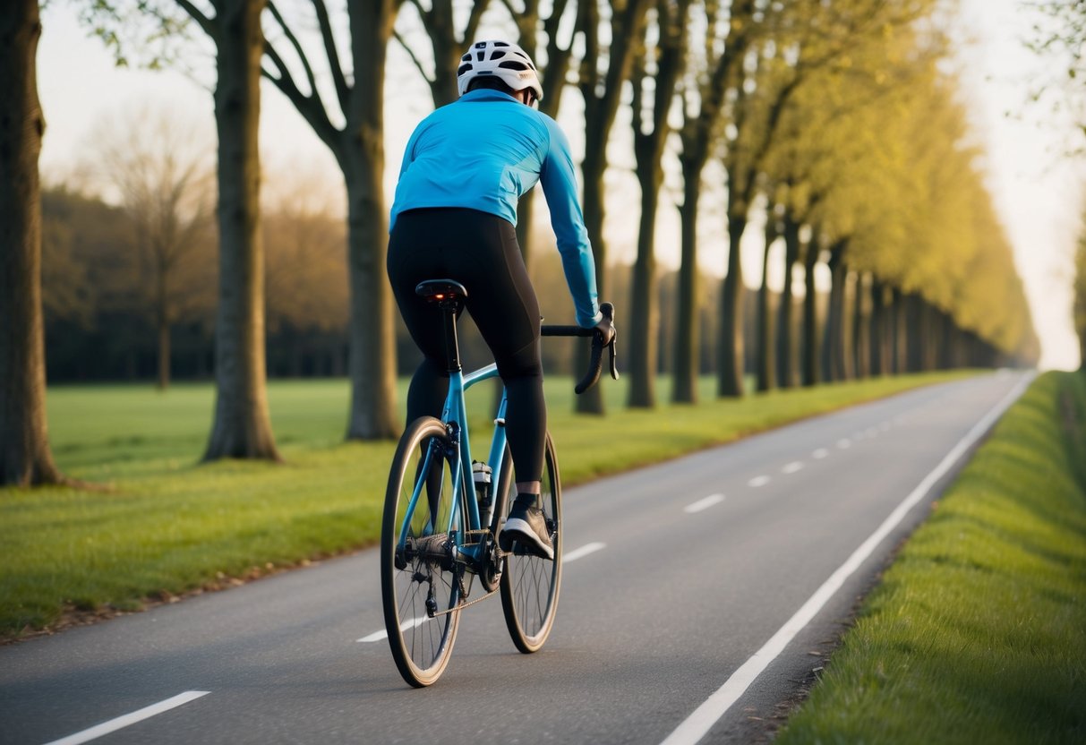 A person riding a bicycle on a smooth, tree-lined path with a relaxed and comfortable posture, showing no signs of pain or discomfort