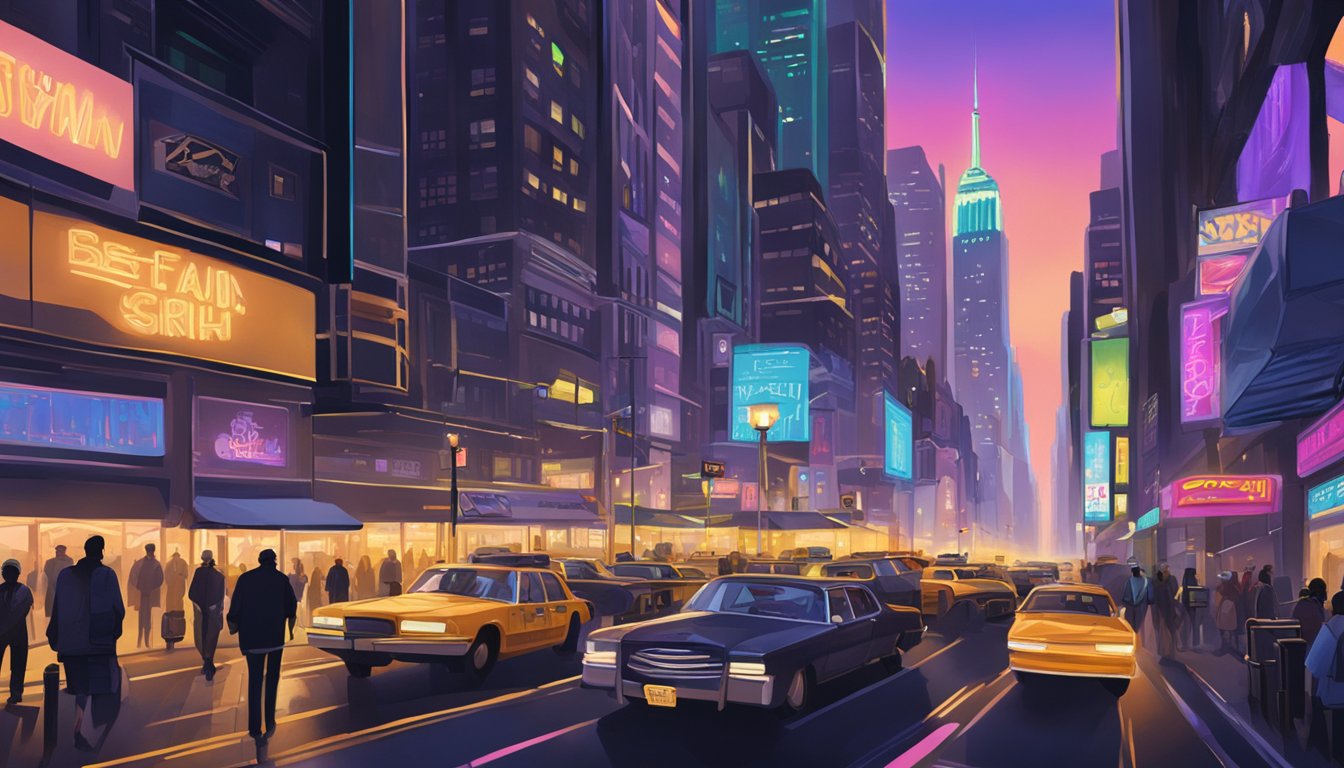 A bustling New York street at night, with towering skyscrapers and neon signs casting a mysterious glow over the city