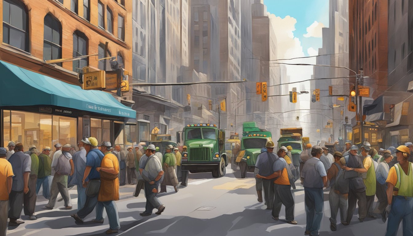 A bustling New York street with game processing equipment and workers