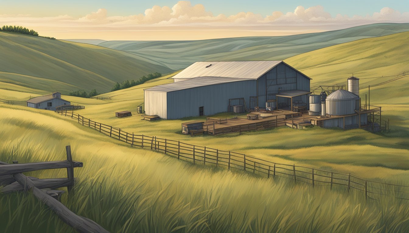 A serene hillside with a rustic game processing facility nestled among the North Dakota landscape