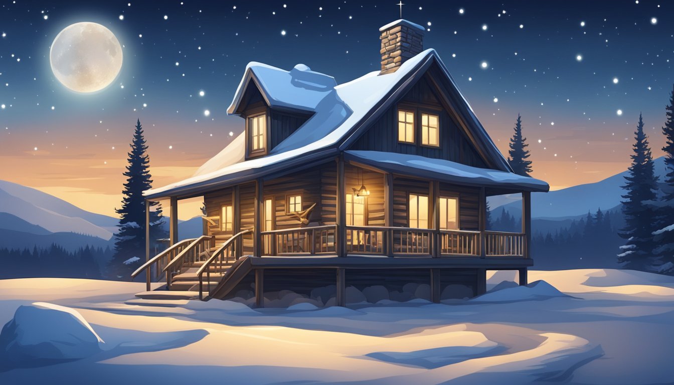 A rustic hunting lodge with antler decor, surrounded by snowy fields and a clear night sky with the North Star shining brightly overhead