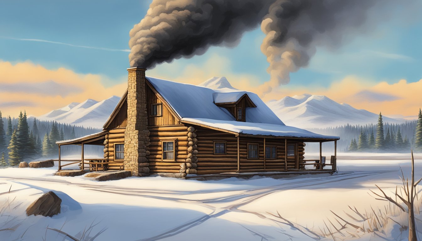 A rustic log cabin nestled in a snowy North Dakota landscape, with smoke rising from the chimney and a sign reading "Red River Game Processing."