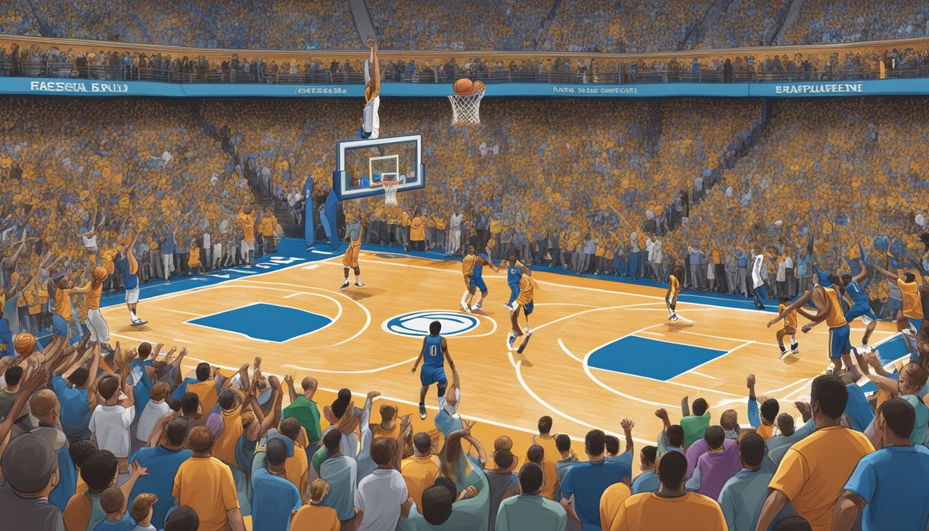 A basketball court in Ohio, with players in action, surrounded by cheering fans