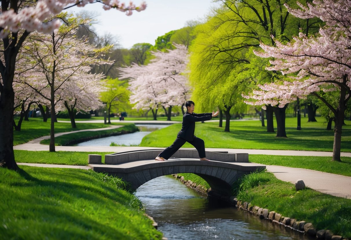 A serene park with a winding stream, surrounded by lush greenery and blossoming cherry blossom trees. A figure practices Tai Chi on a stone bridge, surrounded by a peaceful atmosphere