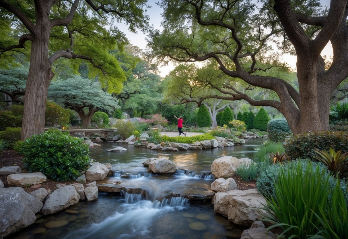 A serene garden with a flowing stream, surrounded by ancient trees and peaceful wildlife, with a figure practicing Tai Chi in the distance