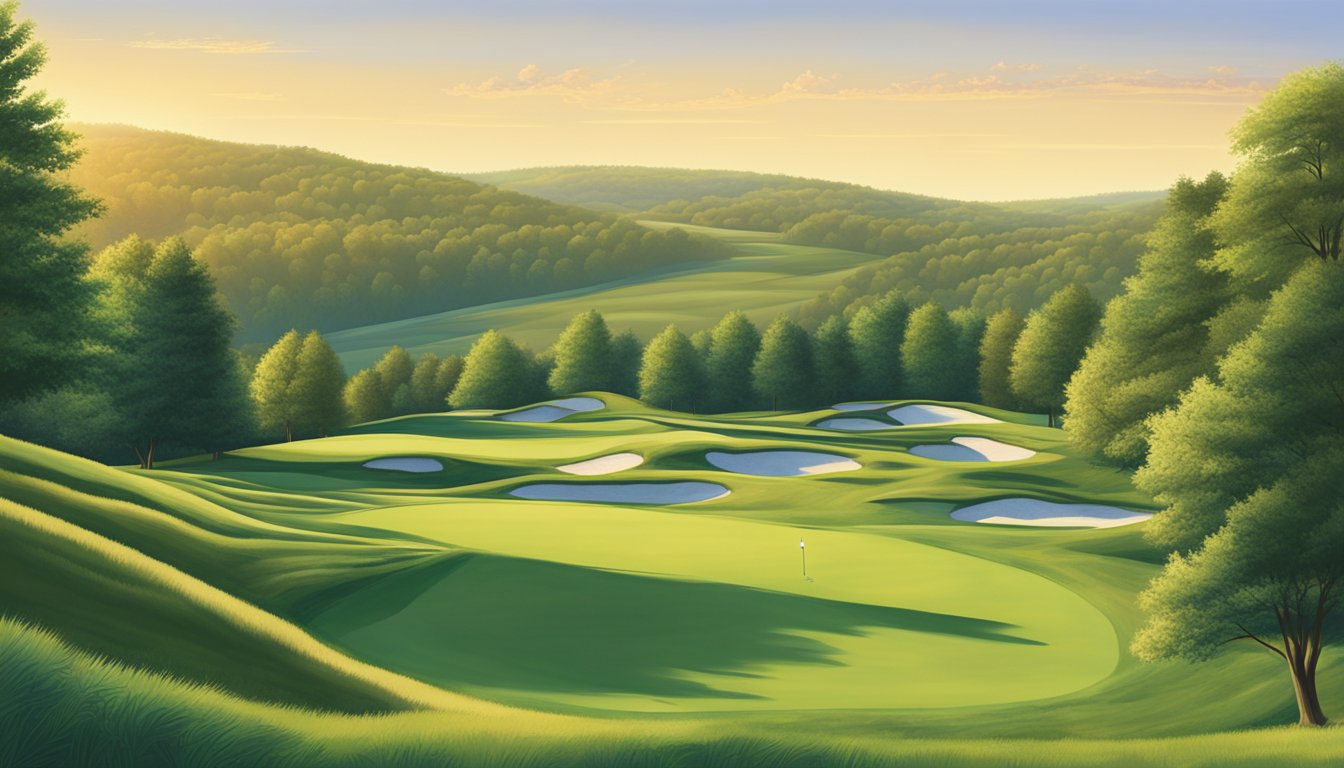 A golfer tees off at a lush Ohio course, surrounded by rolling hills and a clear blue sky